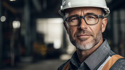 Confident male construction engineer wearing a white safety helmet and glasses, standing in an industrial environment with a focused expression