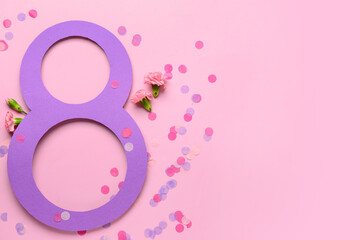 Wall Mural - Figure 8 with beautiful flowers and confetti on pink background. International Women's Day