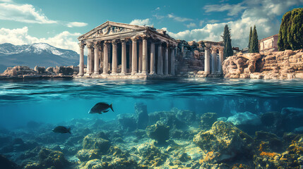 A haunting image of a sunken ancient city revealed beneath the clear waters of the mediterranean sea, mediterranean underwater city scene, atmospheric style. Ancient Sunken Civilizations. Illustration