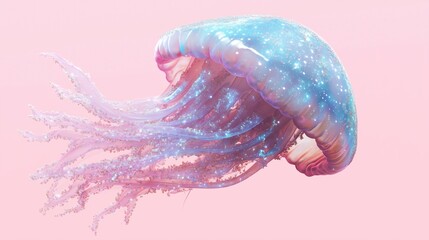 A full-body view of a giant swimming jellyfish on an empty light pink background.