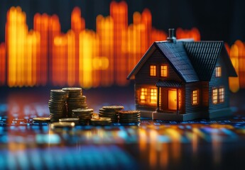 Model house with gold coins in front and financial charts in the background, representing real estate investment opportunities and financial growth strategies