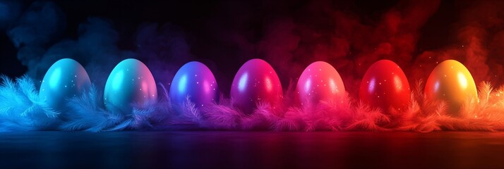 Colorful easter eggs in rainbow gradient arrangement with mystical fog effect on dark background. Holiday decoration concept. Creative panoramic composition for spring celebration