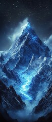 Poster - Majestic snowy peak, glowing blue, starry night.