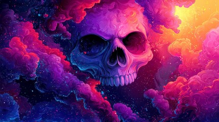 Wall Mural - cosmic skull: a psychedelic journey through vibrant nebula cloudscapes