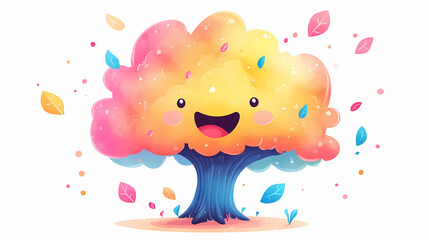Wall Mural - Adorable cartoon tree with a round canopy, bright smile, and playful branches on a clean white background, generative ai style. Shadowborne Paladins. Illustration