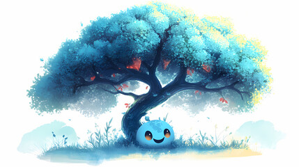 Wall Mural - Adorable cartoon tree with a round canopy, bright smile, and playful branches on a clean white background, generative ai style. Shadowborne Paladins. Illustration