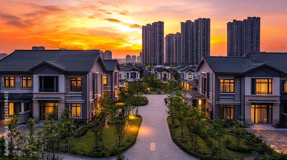 Sunset view of modern houses, cityscape background. Real estate marketing