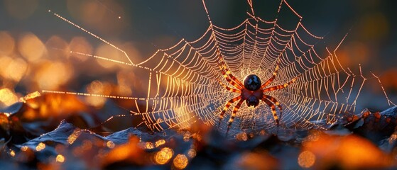 Dew-kissed spiderweb, vibrant sunrise, intricate design.