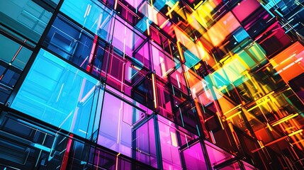 Abstract geometric composition with vibrant colors and transparent layers