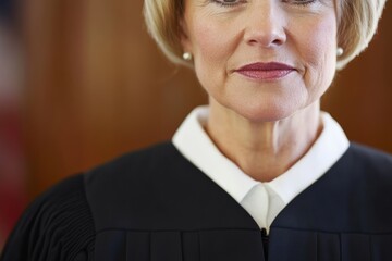 Wall Mural - Caucasian mature female judge in robe with judicial setting