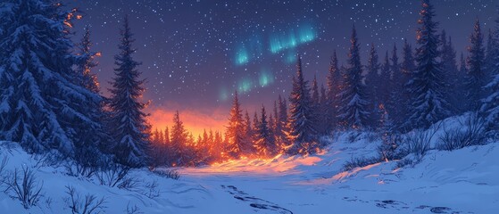 Poster - Snowy forest path, aurora borealis, winter night magic