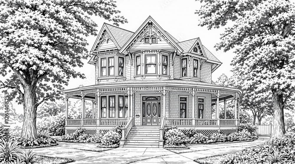 Detailed house home building design in coloring book format with page ...