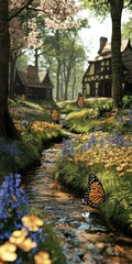 Wall Mural - Idyllic stream flows past fairytale houses butterflies flutter nearby