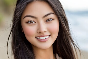 Wall Mural - Young asian female smiling naturally outdoors by the ocean