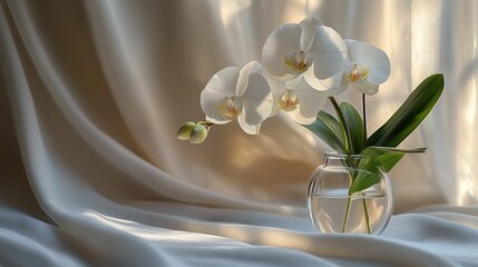 Sticker - Elegant white orchids bask in sunlight.