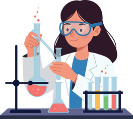 young scientist conducting experiments in a laboratory with colorful liquids in flat vector art