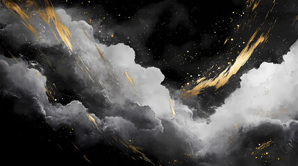 black and white painting of a cloud with gold streaks. frozen cosmic storms. illustration
