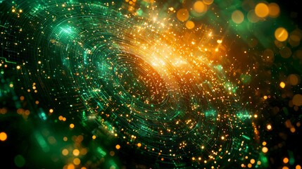 Wall Mural - abstract cosmic wallpaper: vibrant green and gold nebula with sparkling particles and spiral design