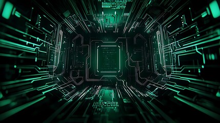 Wall Mural - Green digital circuit tunnel, data stream, technology background, futuristic design, website header