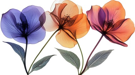 Wall Mural - Three translucent flowers, studio shot, white background, floral design