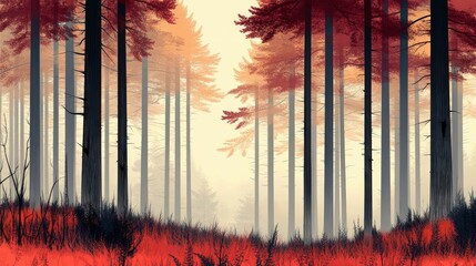 Wall Mural - Red autumn forest misty morning serene landscape