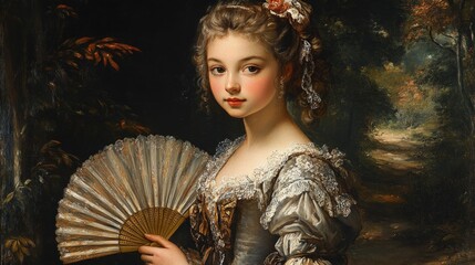 Wall Mural - Elegant girl, woodland path, hand fan, rococo dress.