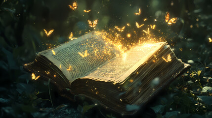 Wall Mural - Mystical floating ancient spell book radiating golden light with swirling magic dust and ethereal butterflies in enchanted moonlit garden. Eclipse-Fueled Magic. Illustration