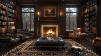 Canvas Print - Luxurious library fireplace cozy autumn scene