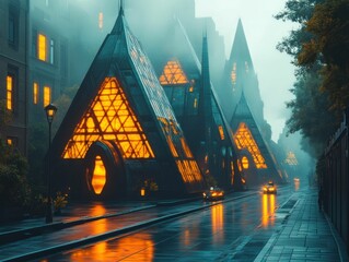 Wall Mural - Futuristic triangular buildings glow orange in misty street scene.