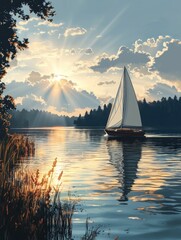 Wall Mural - Serene sunset sailboat glides peaceful lake waters.