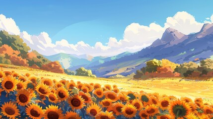 Canvas Print - Vibrant sunflower field under a bright blue sky with mountains in the background, evoking a serene countryside vibe