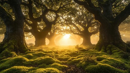 Poster - Golden sunrise through ancient mossy trees