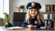 © BerkahStock - Happy girl dressed as police officer sits at desk.