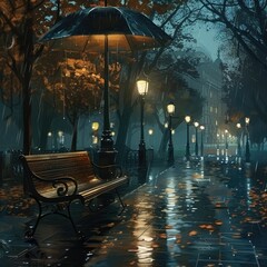 Wall Mural - Serene rainy evening in a city park with illuminated street lamps, a bench, and falling leaves creating a tranquil atmosphere