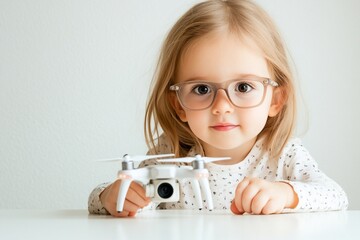 Adorable toddler girl with glasses holding a small drone.