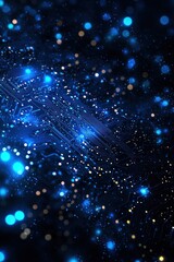 Wall Mural - abstract blue circuit board background with glowing dots and bokeh lights on a dark black background