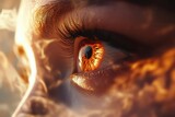 Close-Up of a Female Eye with Burning Glowing Fire Iris for Fantasy Art Projects