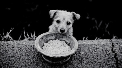 Poster - Finding homes for dogs and cats, A dog looking curiously at a bowl of food, captured in a black and white setting.