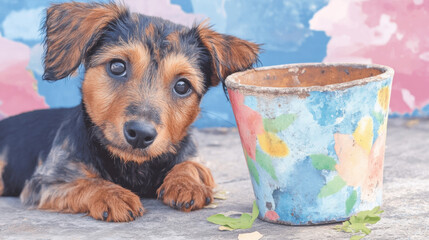 Wall Mural - Finding homes for dogs and cats, Adorable puppy resting beside a colorful flower pot against a vibrant background.