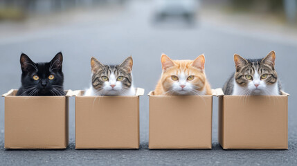 Canvas Print - Finding homes for dogs and cats, Four cats peek out from cardboard boxes on a street, showcasing their curious expressions.