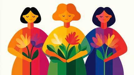 Wall Mural - Vibrant illustration of three multicultural women holding flowers, showcasing unity and diversity in colors, perfect for springtime themes