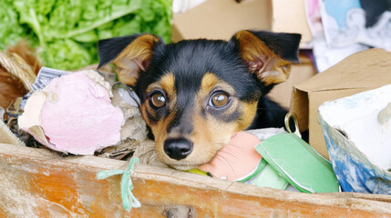 Wall Mural - Finding homes for dogs and cats, A small dog resting its head on cluttered boxes in a messy environment.