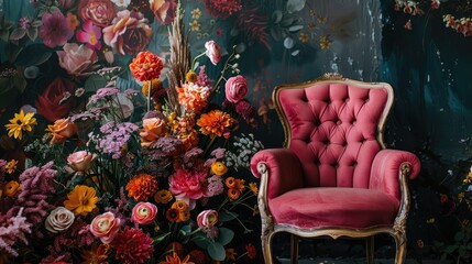 Canvas Print - Elegant pink armchair surrounded by vibrant floral arrangement against a richly decorated wall backdrop