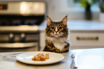 Wall Mural - Maine Coon cat with fluffy fur and curious gaze in kitchen with plate and whiskers