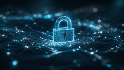 Glowing digital padlock on abstract network.