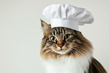 Wall Mural - Maine Coon Cat Chef Portrait in Fluffy Hat with Whiskers Showing Adorable Expressions