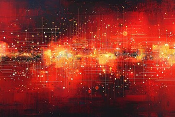 Wall Mural - abstract red background with dots and lines, representing network connections and technological conc