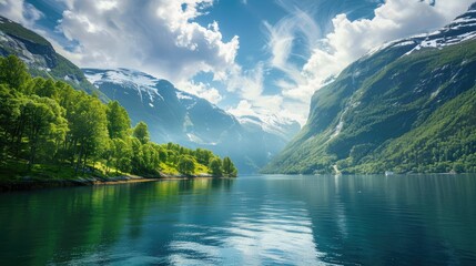 Wall Mural - Serene mountain lake reflecting vibrant clouds and greenery, showcasing nature's beauty in a tranquil landscape