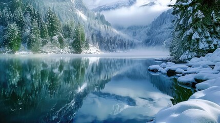 Wall Mural - Serene winter landscape with snow-covered trees reflecting in a tranquil lake surrounded by misty mountains