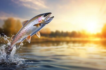 Wall Mural - Rainbow trout leaping from water at sunset with trees in background